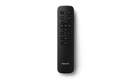 Schwarze Philips Fernbedienung für Fernseher, vertikal auf weißem Hintergrund dargestellt.