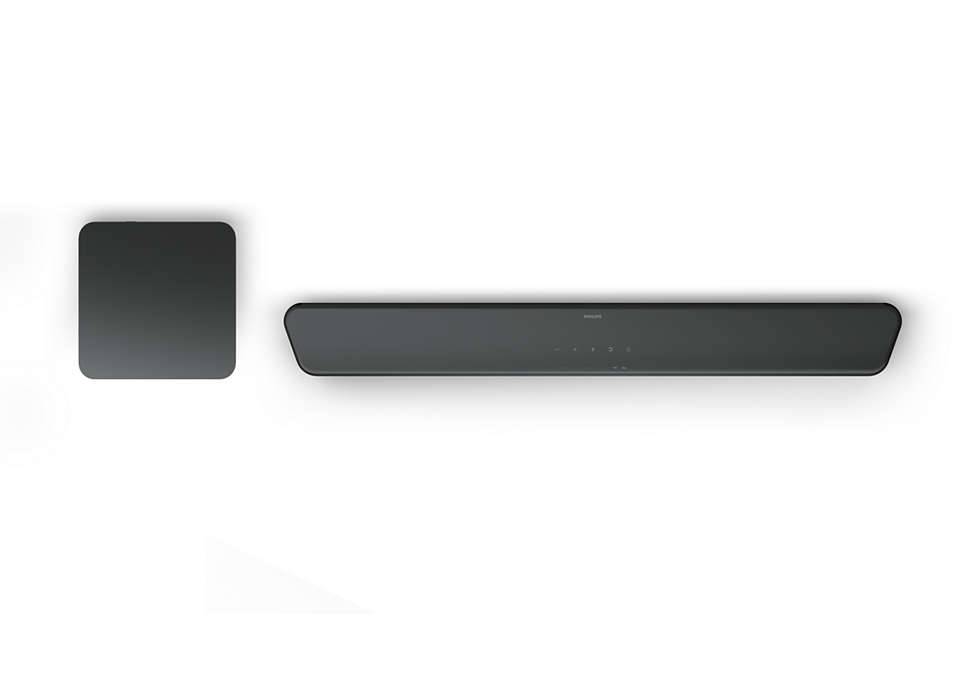 Ein schwarzer Soundbar-Lautsprecher und ein passender kompakter Subwoofer auf weißem Hintergrund.