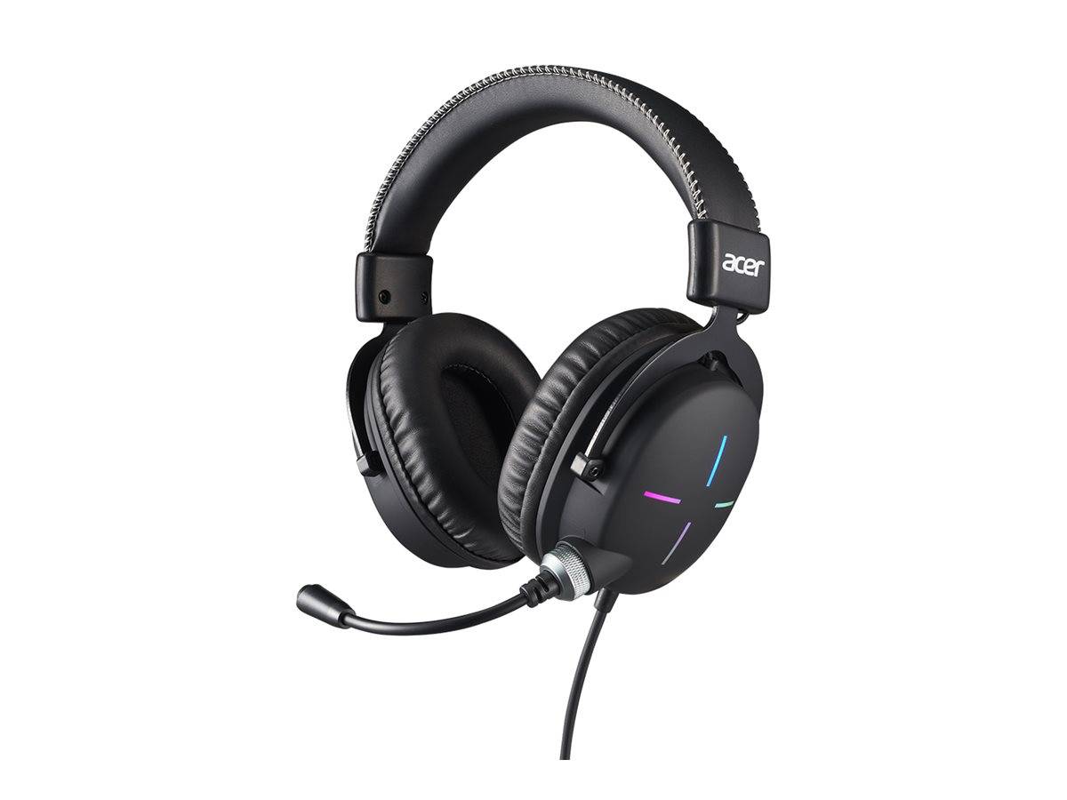 Schwarzer Over-Ear-Gaming-Headset mit Mikrofon und bunten LED-Lichtern auf den Ohrmuscheln. Der Markenname ist auf dem Kopfbügel sichtbar.