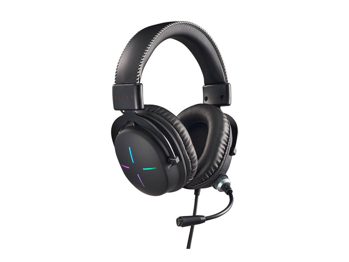 Gaming-Headset mit schwarzen gepolsterten Ohrmuscheln, einem verstellbaren Kopfbügel und einem Mikrofonarm. Die Ohrmuscheln verfügen über dezente LED-Beleuchtung.