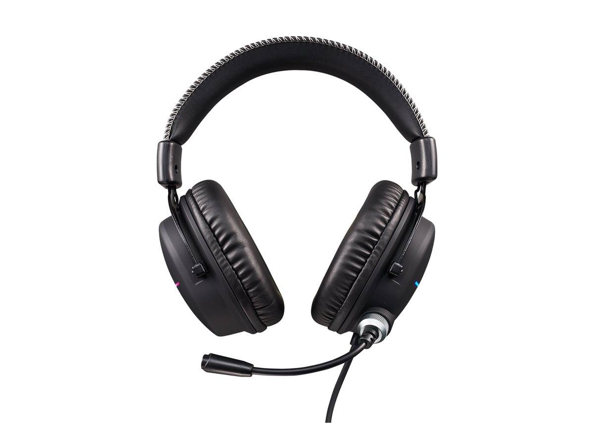 Schwarze Over-Ear-Kopfhörer mit gepolsterten Ohrmuscheln, einem gepolsterten Kopfbügel und einem angebrachten Mikrofon an einem flexiblen Arm.