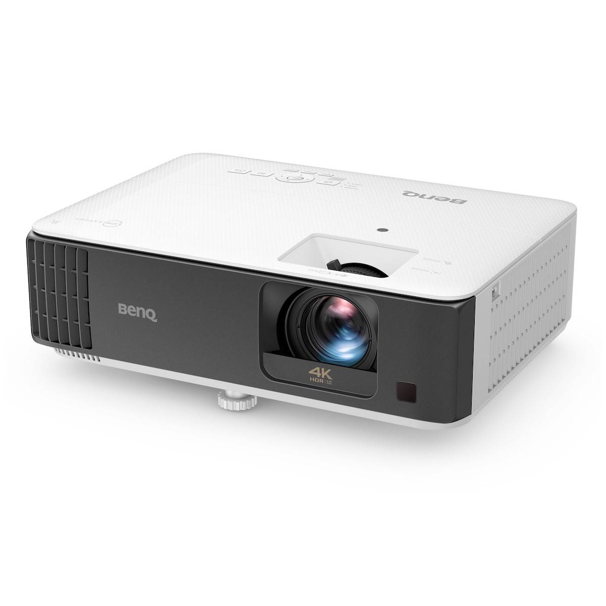 Ein kompakter BenQ-Projektor mit 4K-HDR-Fähigkeit, mit Steuertasten oben und einem Objektiv vorne, vor einem einfachen Hintergrund.