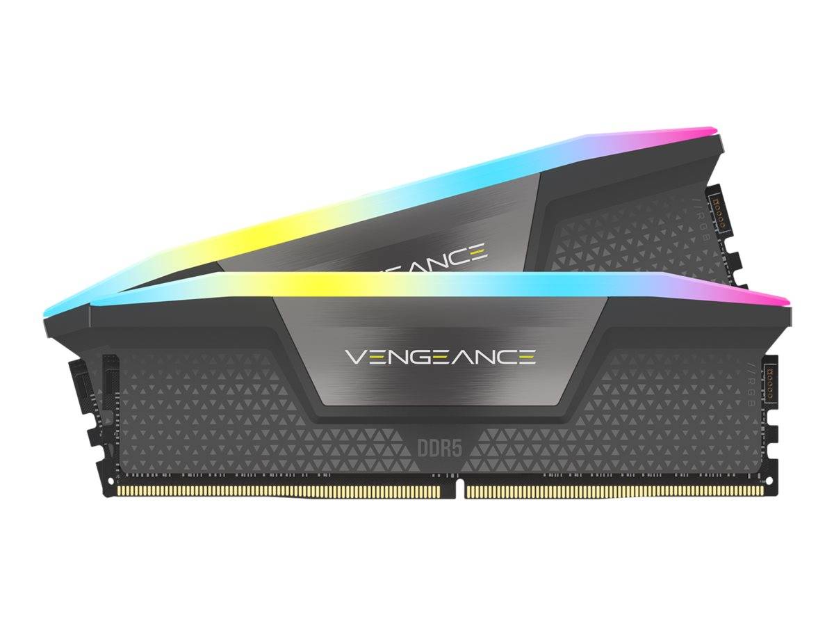 Zwei schwarze DDR5-RAM-Module von 'Vengeance', die auf der Oberseite bunte RGB-Beleuchtung aufweisen, vor einem weißen Hintergrund präsentiert.