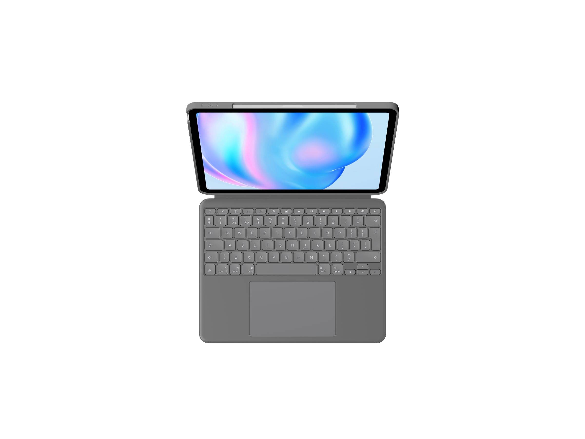 Draufsicht auf einen grauen Laptop mit einem blauen abstrakten Hintergrundbild auf dem Bildschirm und einer integrierten Tastatur und einem Touchpad.