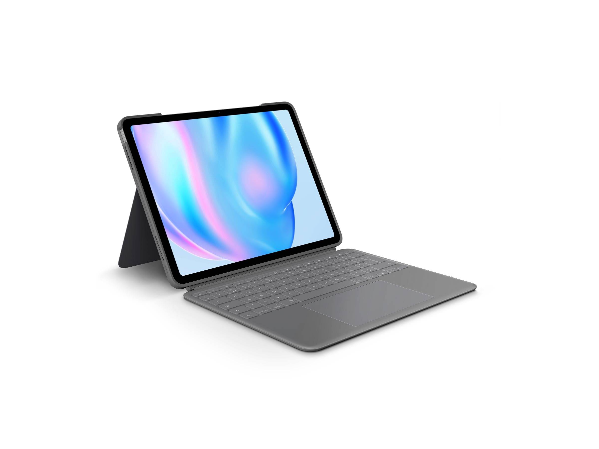 Tablet mit abnehmbarem Tastaturgehäuse und Ständer, geöffnet auf weißem Hintergrund dargestellt.