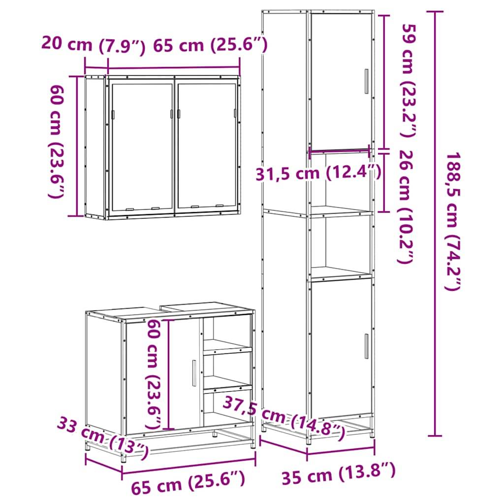 vidaXL 3-tlg. Badmöbel-Set Räuchereiche Holzwerkstoff
