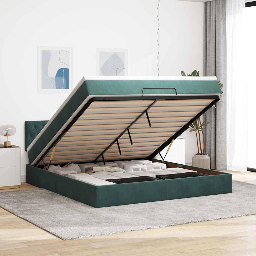 vidaXL Ottoman-Bett mit Matratze & LEDs Dunkelgrün 160x200 cm Samt