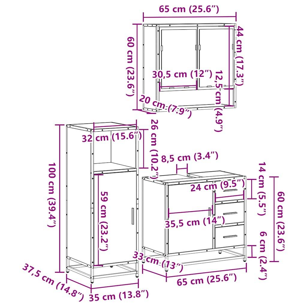 vidaXL 3-tlg. Badmöbel-Set Sonoma-Eiche Holzwerkstoff
