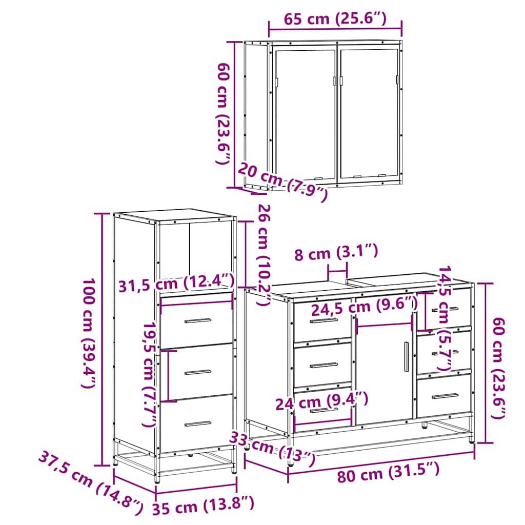 vidaXL 3-tlg. Badmöbel-Set Sonoma-Eiche Holzwerkstoff