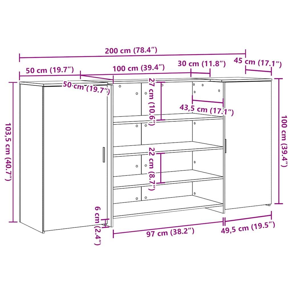 vidaXL Empfangstheke Schwarz Eichen-Optik 200x50x103,5cm Holzwerkstoff