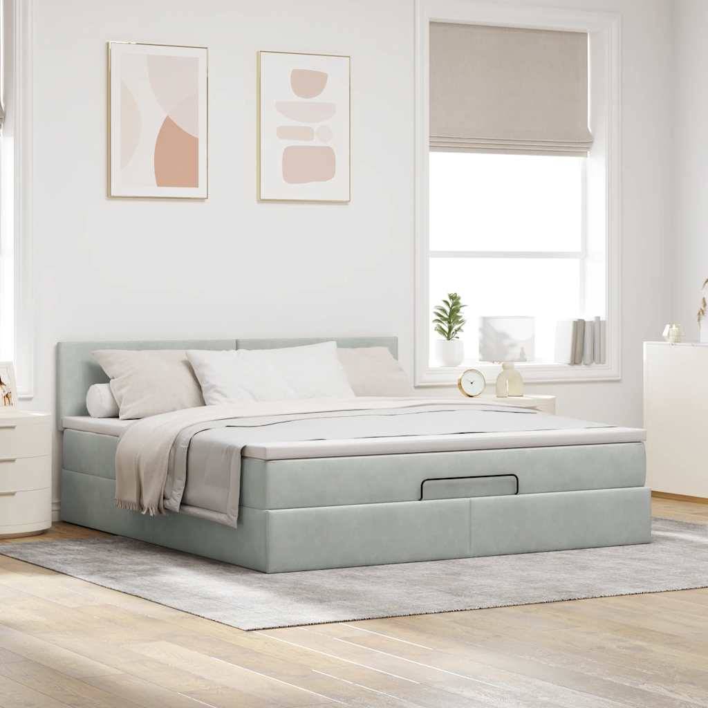 vidaXL Ottoman-Bett mit Matratze &amp; LEDs Hellgrau 160x200 cm Samt