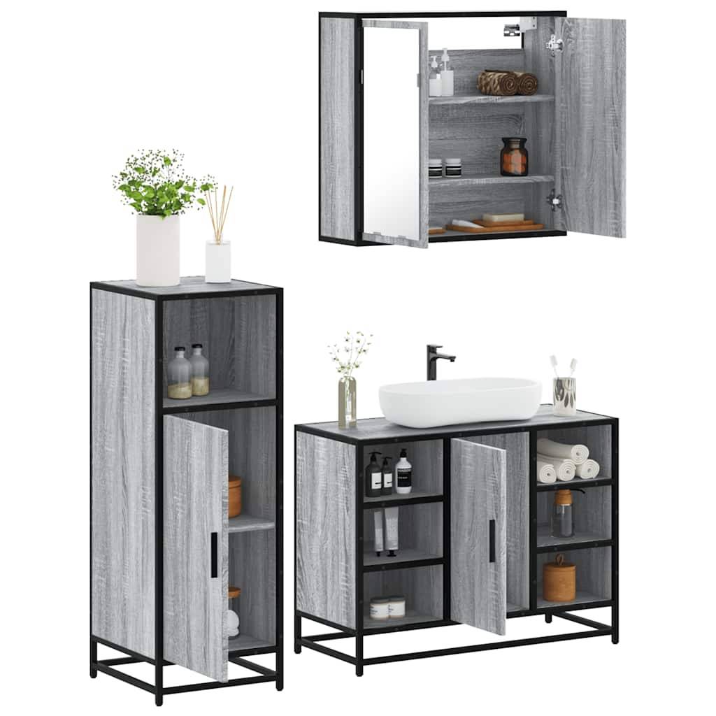 vidaXL 3-tlg. Badmöbel-Set Grau Sonoma Holzwerkstoff