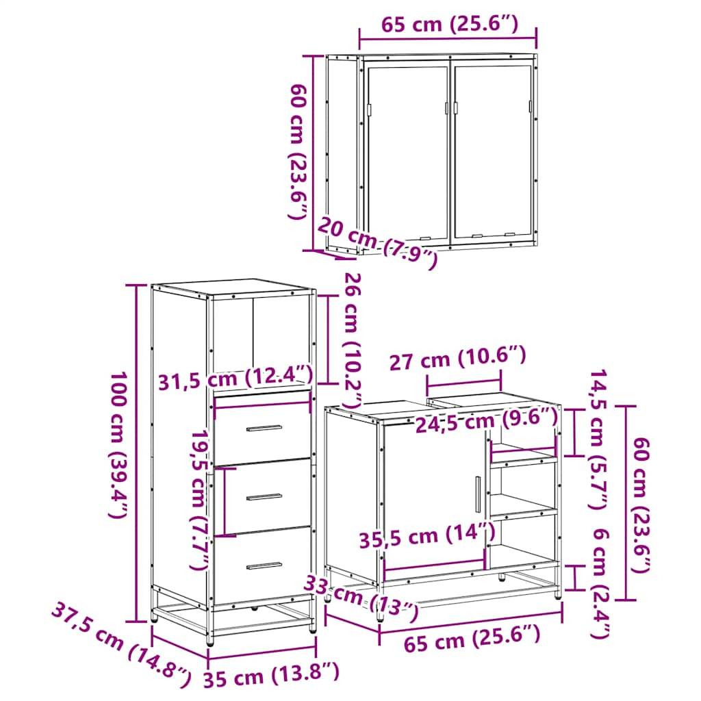 vidaXL 3-tlg. Badmöbel-Set Räuchereiche Holzwerkstoff