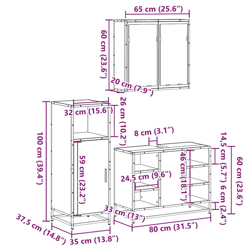 vidaXL 3-tlg. Badmöbel-Set Grau Sonoma Holzwerkstoff
