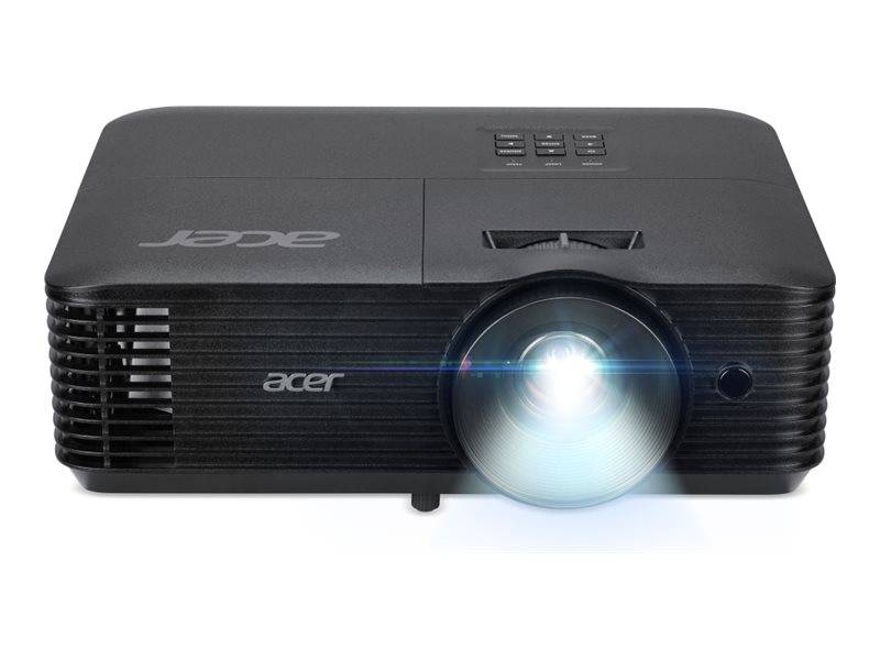 Schwarzer Acer-Projektor mit beleuchteter Linse, Frontansicht auf weißem Hintergrund.