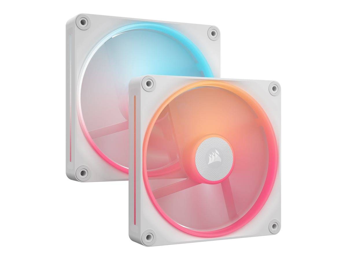 Zwei weiße PC-Kühlventilatoren mit durchsichtigen Blättern und leuchtenden rosa, orange und blauen LED-Ringen auf einem einfachen Hintergrund.