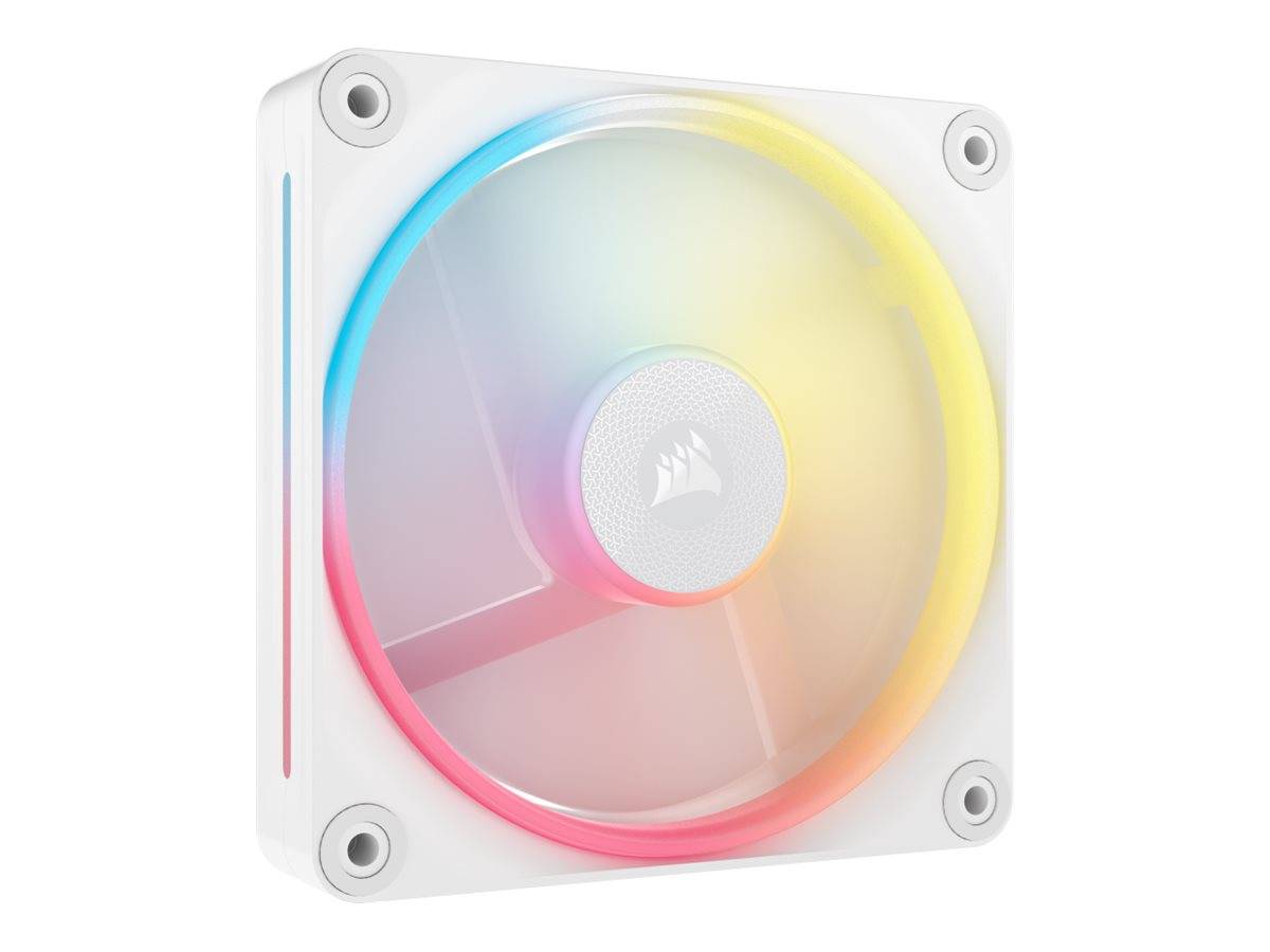 Weißer quadratischer Corsair-Computerkühler mit großem durchscheinendem regenbogenfarbig beleuchteten Lüfterblatt und vier Befestigungsschrauben in den Ecken.