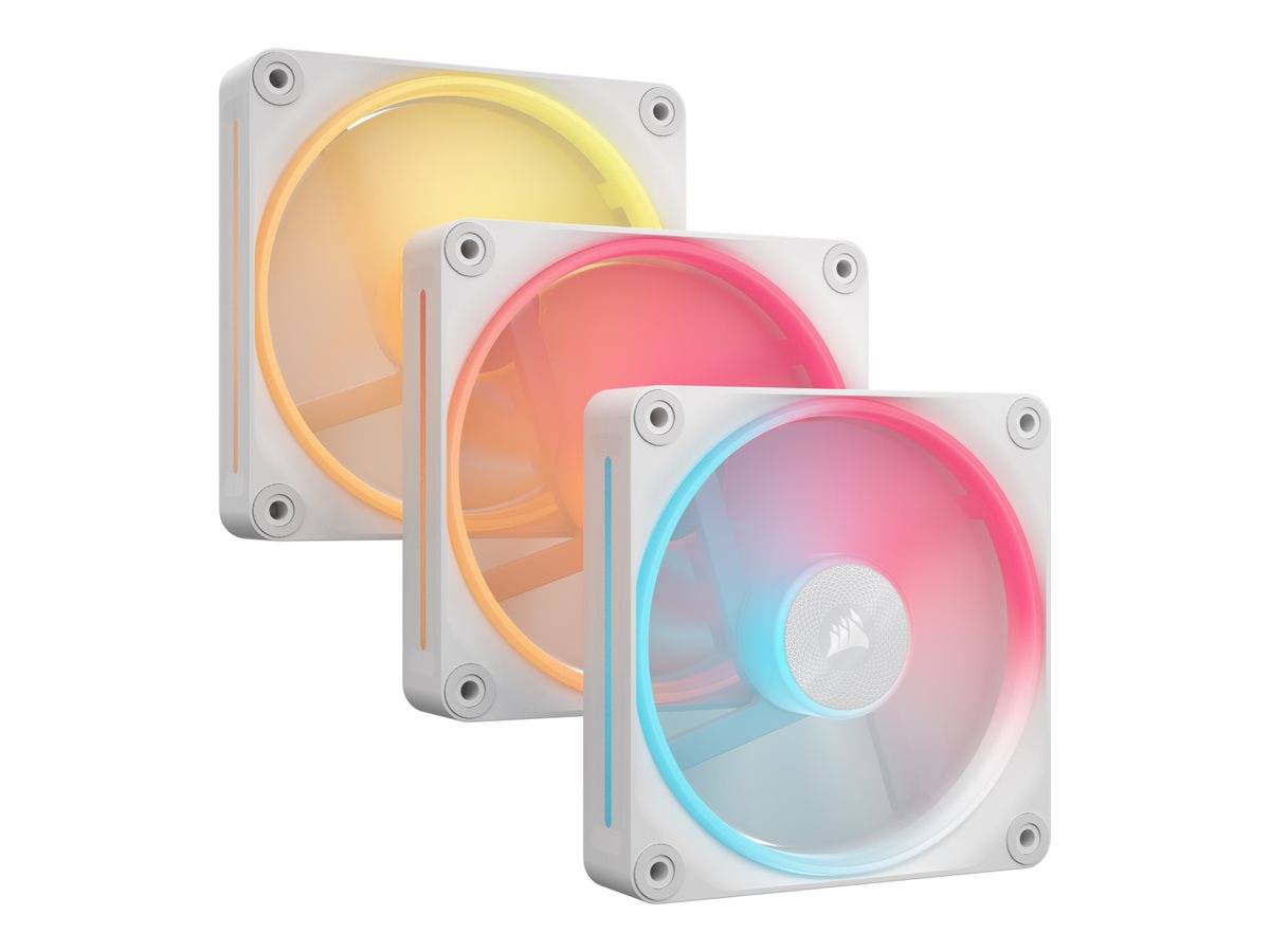 Drei sich überlappende weiße Computer-Kühlventilatoren mit RGB-Beleuchtung, dargestellt auf einem schlichten weißen Hintergrund.