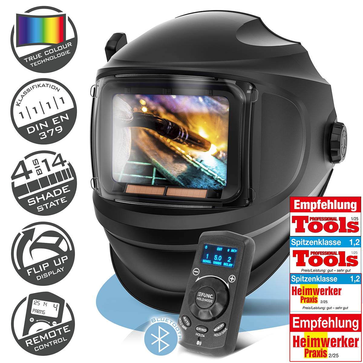 Ein Schweißhelm mit einer großen Sichtscheibe, die eine Schweißszene zeigt. Daneben befindet sich eine Fernbedienung und mehrere Zertifizierungslogos.