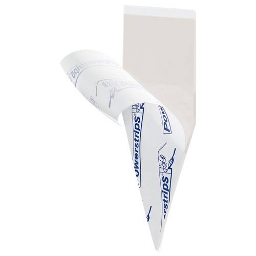 Eine Nahaufnahme eines Haftstreifens mit umgeknickter Ecke, die die klebrige Seite und die Rückseite zeigt.