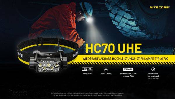 Nitecore HC70 UHE Stirnlampe, 1600 Lumen, breite Lichtaustrittsfläche, inkl. 21700 Li-Ion Akku 6000mAh Typ NL2160