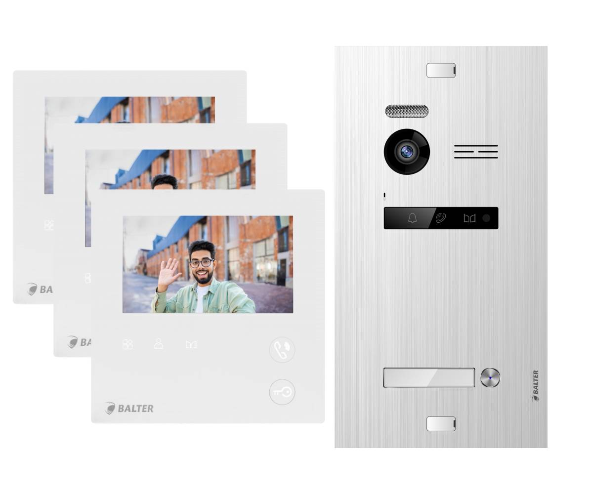 BALTER EVO-MINI Video Sprechanlage 2-Draht Komplett-Set 1-Familie 3 Monitore Silber - Weiß