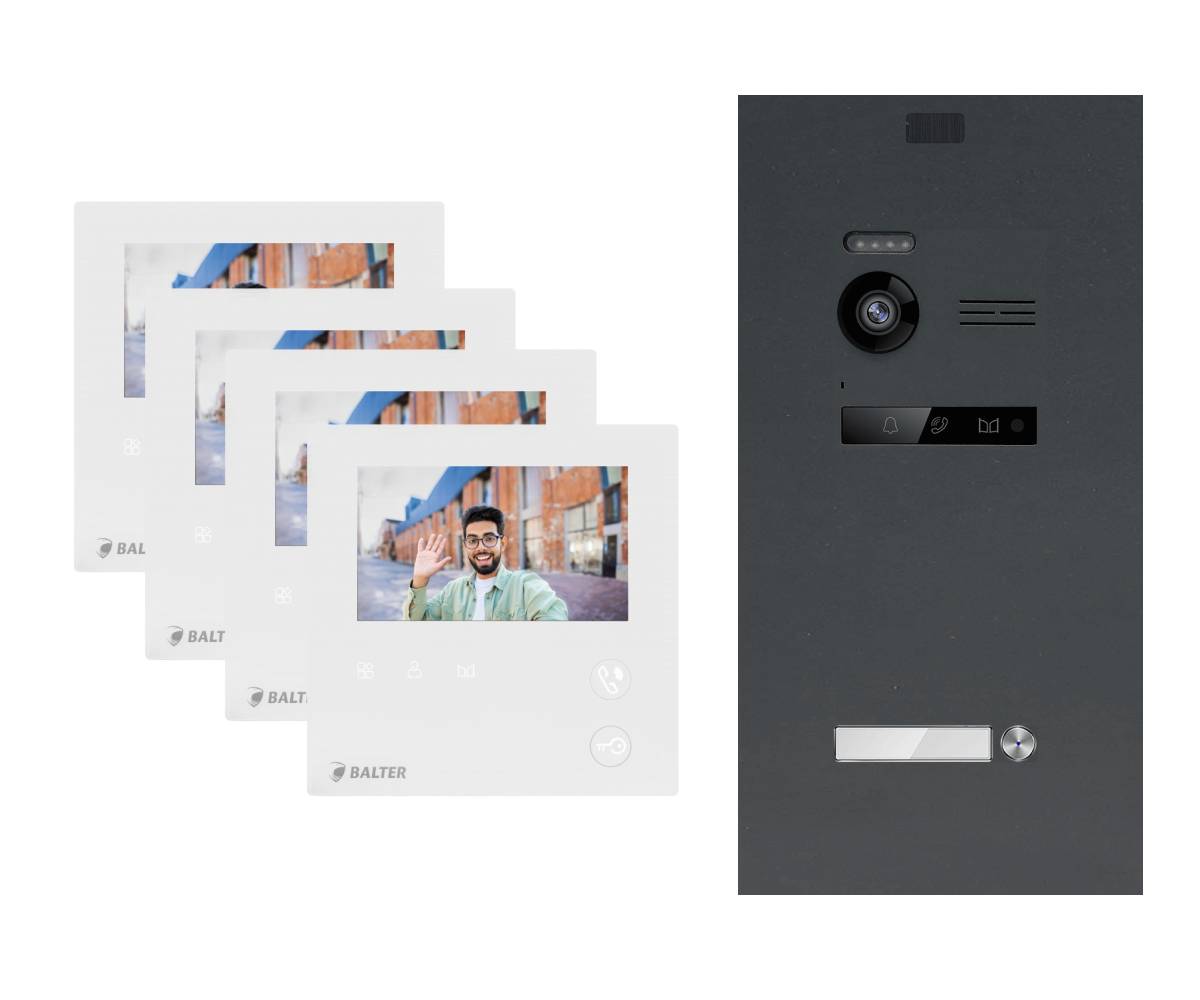 BALTER EVO-MINI Video Sprechanlage 2-Draht Komplett-Set 1-Familie 4 Monitore Anthrazitgrau - Weiß