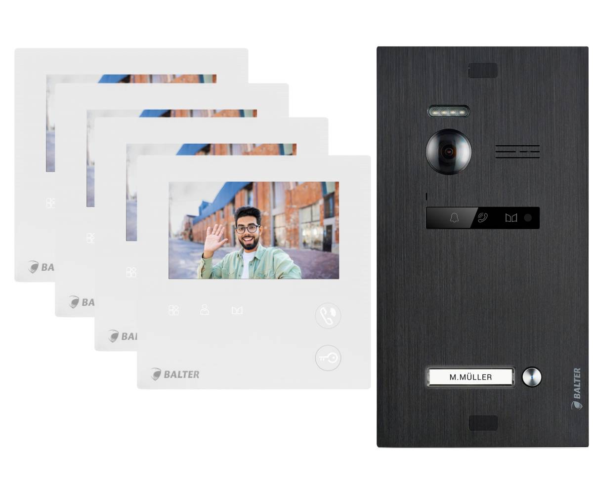 BALTER EVO-MINI Video Sprechanlage 2-Draht Komplett-Set 1-Familie 4 Monitore Schwarz - Weiß