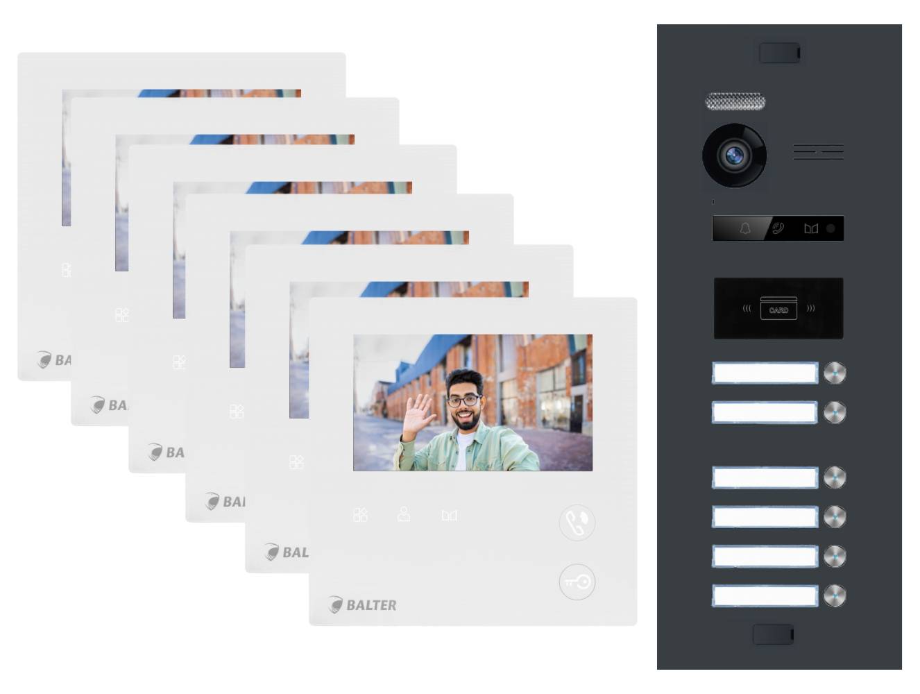 BALTER EVO-MINI Video Türsprechanlage 2-Draht Komplett-Set 6-Familie mit RFID-Funktion Anthrazitgrau - Weiß