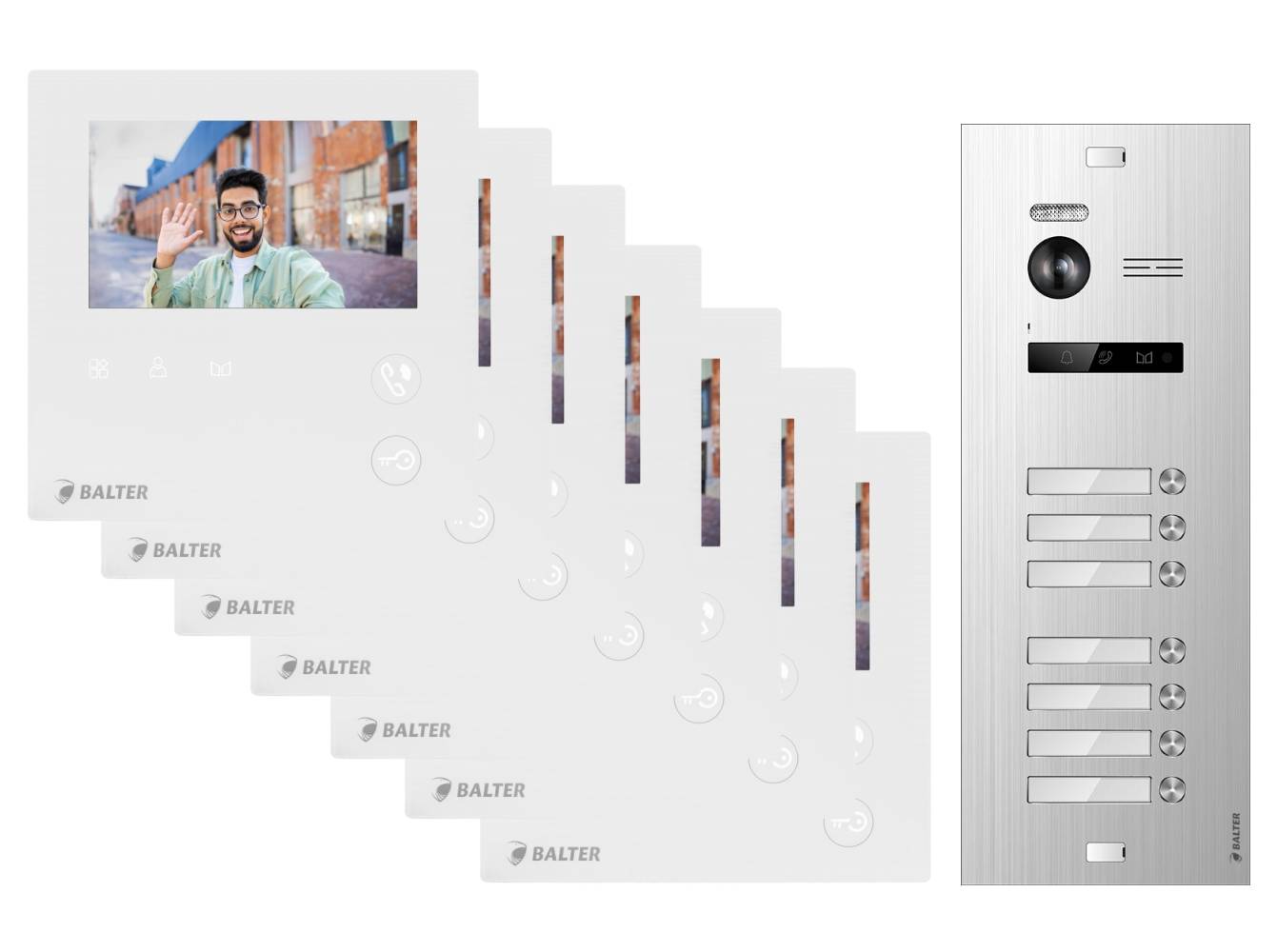 BALTER EVO-MINI Video Türsprechanlage 2-Draht Komplett-Set 7-Familie Silber - Weiß