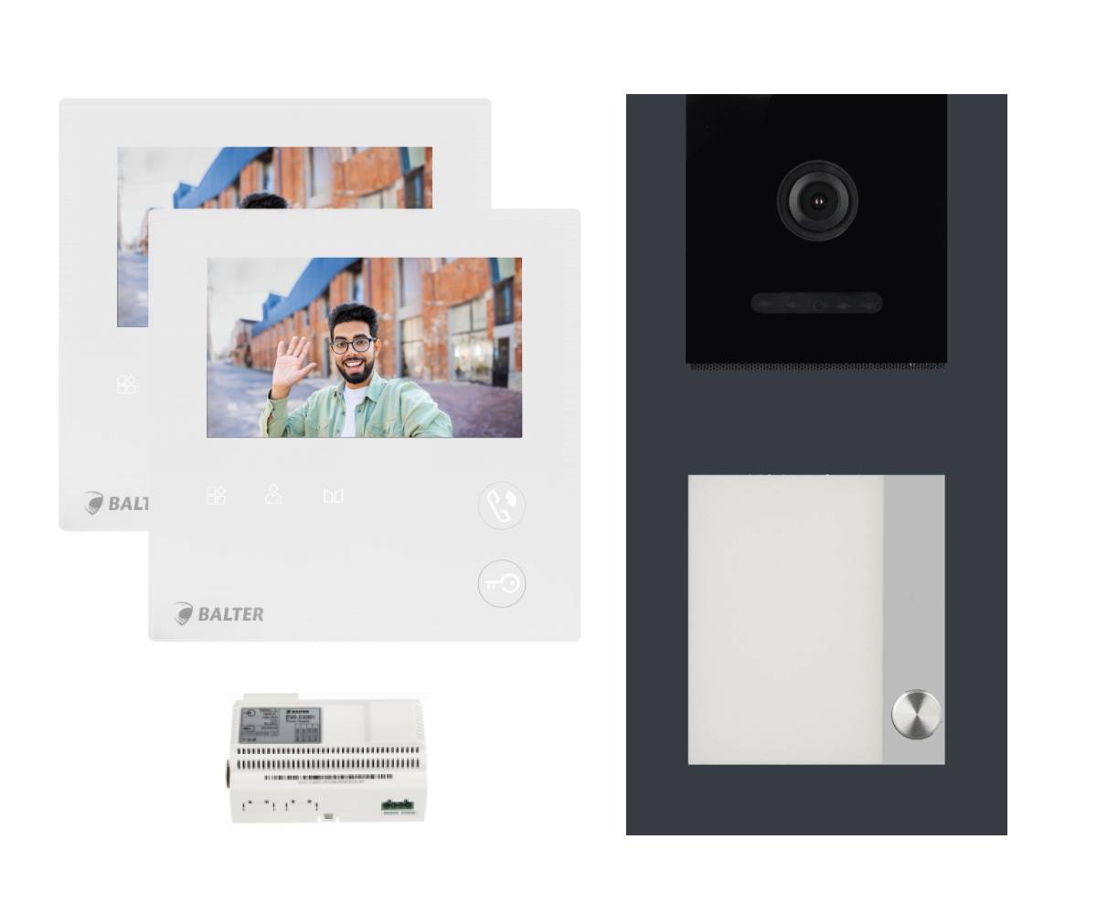 BALTER EVO-MINI Aufputz Video Türsprechanlage 2-Draht Komplett-Set 1-Familie 2 Monitore Anthrazitgrau - Weiß