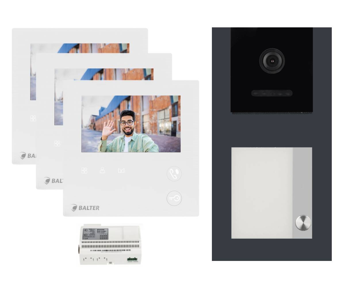 BALTER EVO-MINI Aufputz Video Türsprechanlage 2-Draht Komplett-Set 1-Familie 3 Monitore Anthrazitgrau - Weiß