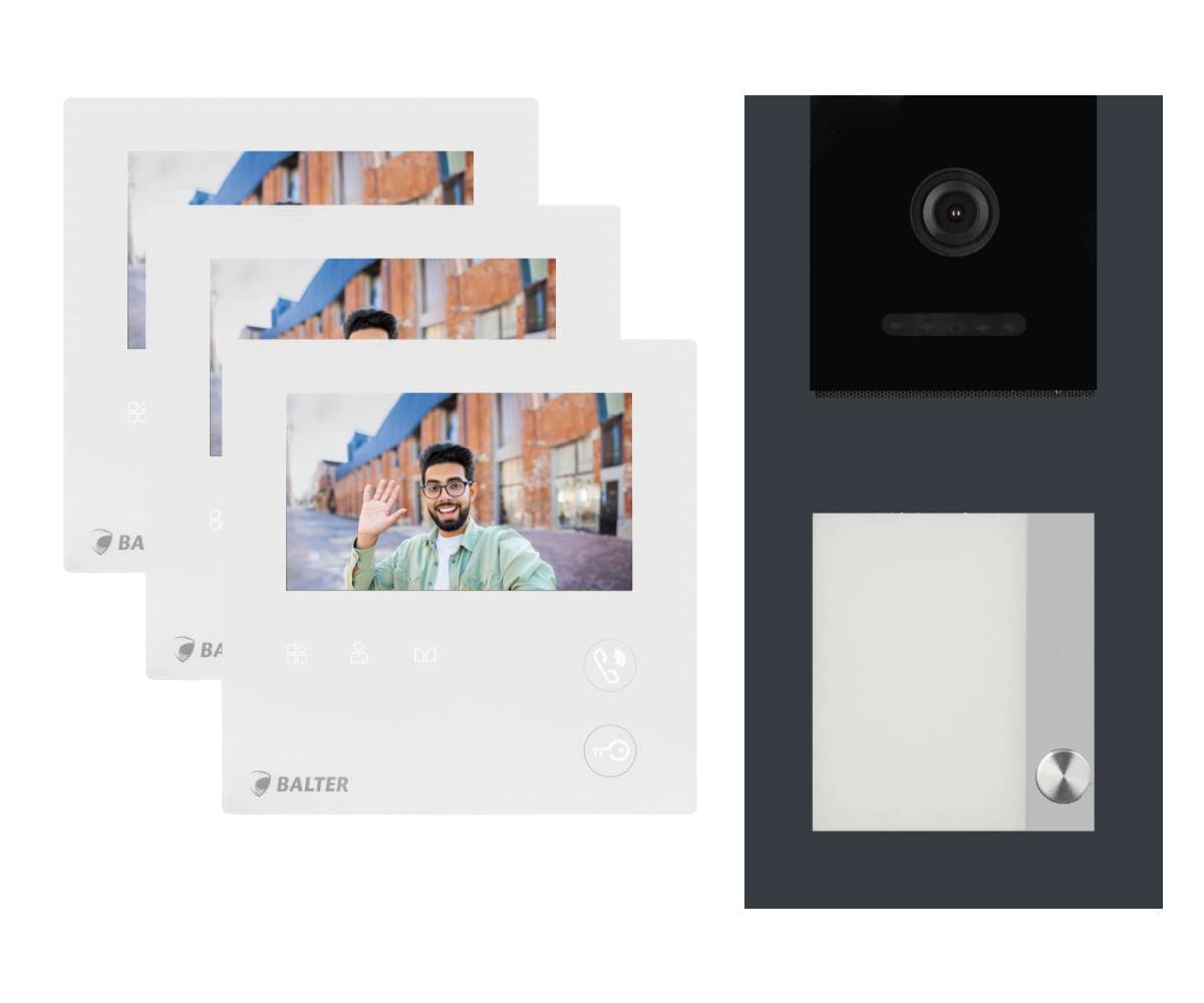 BALTER EVO-MINI Aufputz Video Türsprechanlage 2-Draht Komplett-Set 1-Familie 3 Monitore Anthrazitgrau - Weiß