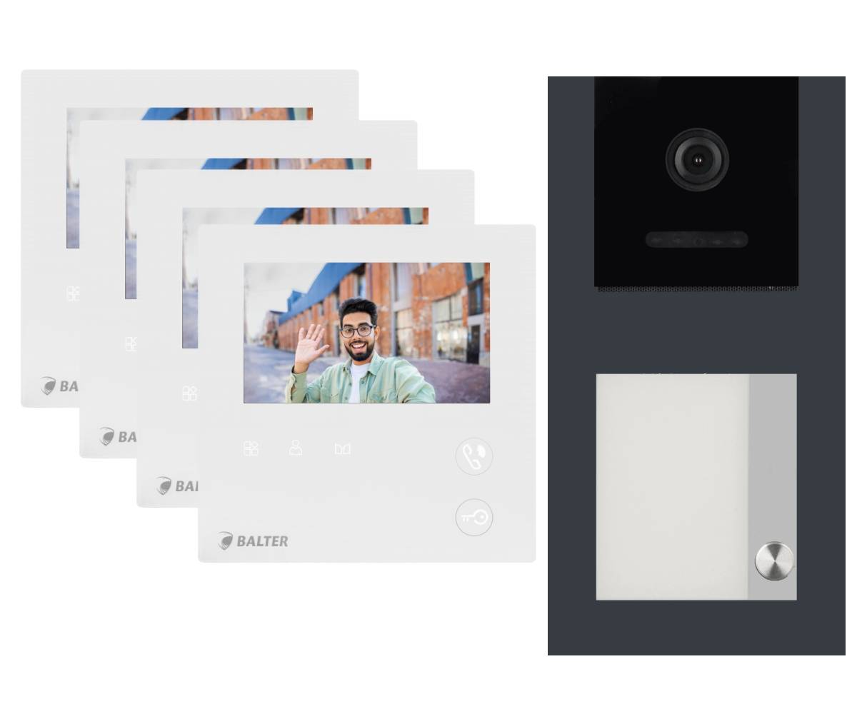 BALTER EVO-MINI Aufputz Video Türsprechanlage 2-Draht Komplett-Set 1-Familie 4 Monitore Anthrazitgrau - Weiß