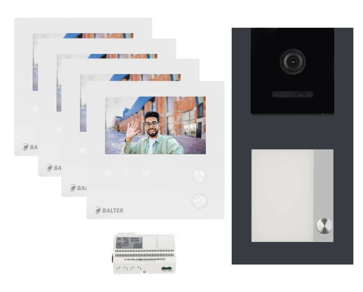 BALTER EVO-MINI Aufputz Video Türsprechanlage 2-Draht Komplett-Set 1-Familie 4 Monitore Anthrazitgrau - Weiß