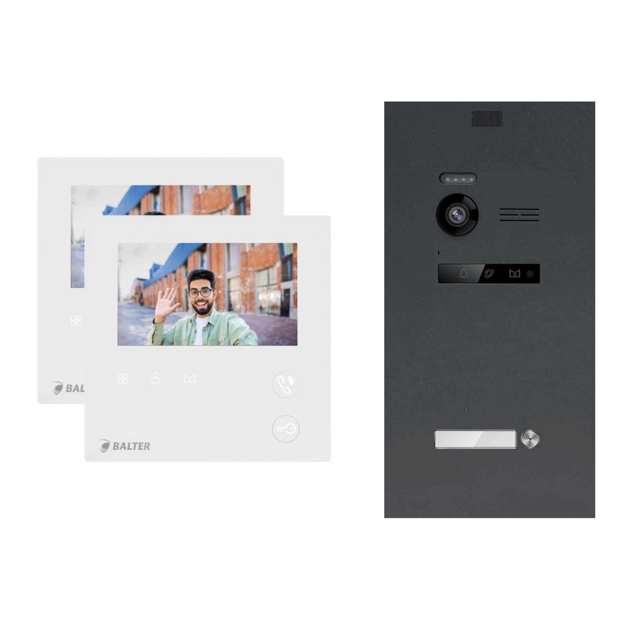 BALTER EVO-MINI Video Sprechanlage 2-Draht Komplett-Set 1-Familie 2 Monitore Anthrazitgrau - Weiß