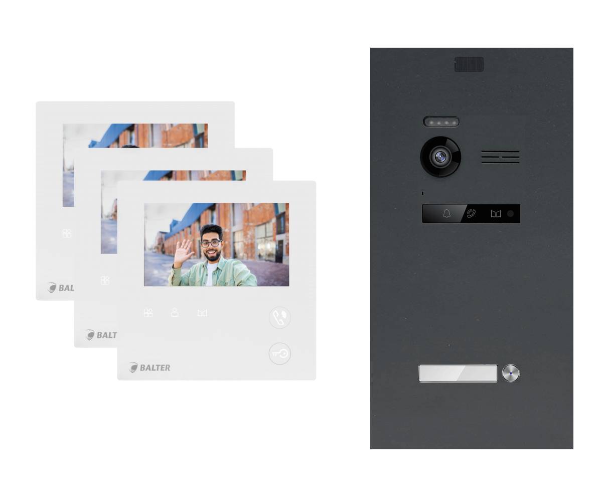 BALTER EVO-MINI Video Sprechanlage 2-Draht Komplett-Set 1-Familie 3 Monitore Anthrazitgrau - Weiß