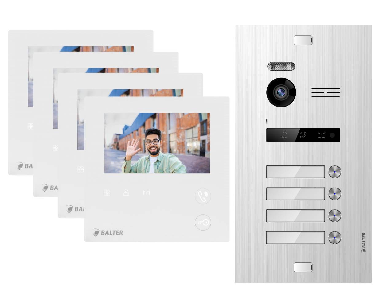 BALTER EVO-MINI Video Türsprechanlage 2-Draht Komplett-Set 4-Familie Silber - Weiß