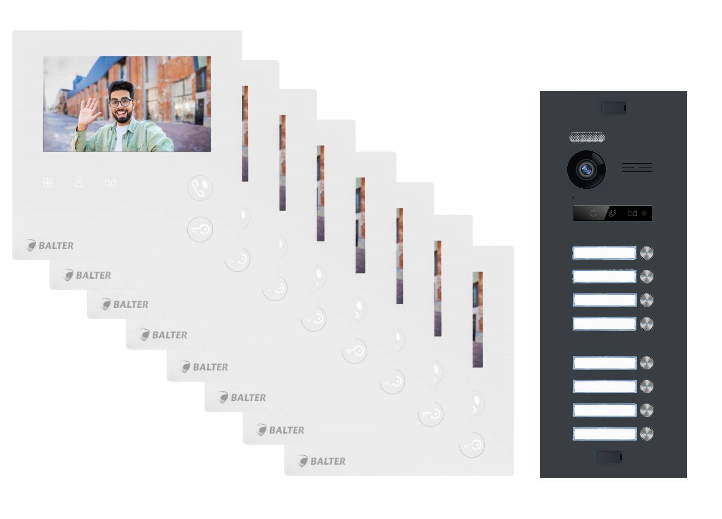 BALTER EVO-MINI Video Türsprechanlage 2-Draht Komplett-Set 8-Familie Anthrazitgrau - Weiß