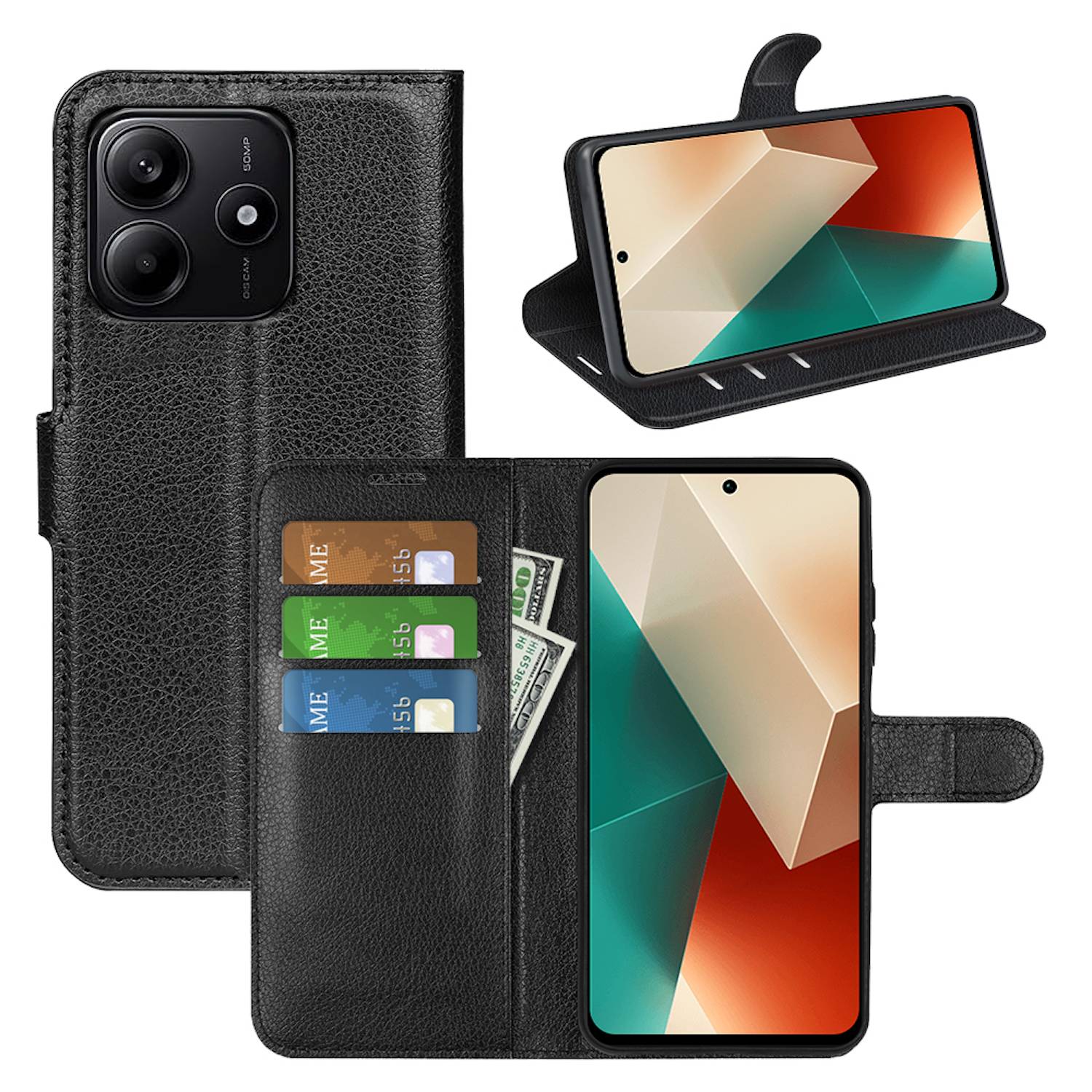 Für Xiaomi Redmi Note 14 5G Kunstleder Book Wallet Tasche Hülle Etuis Cover Schwarz