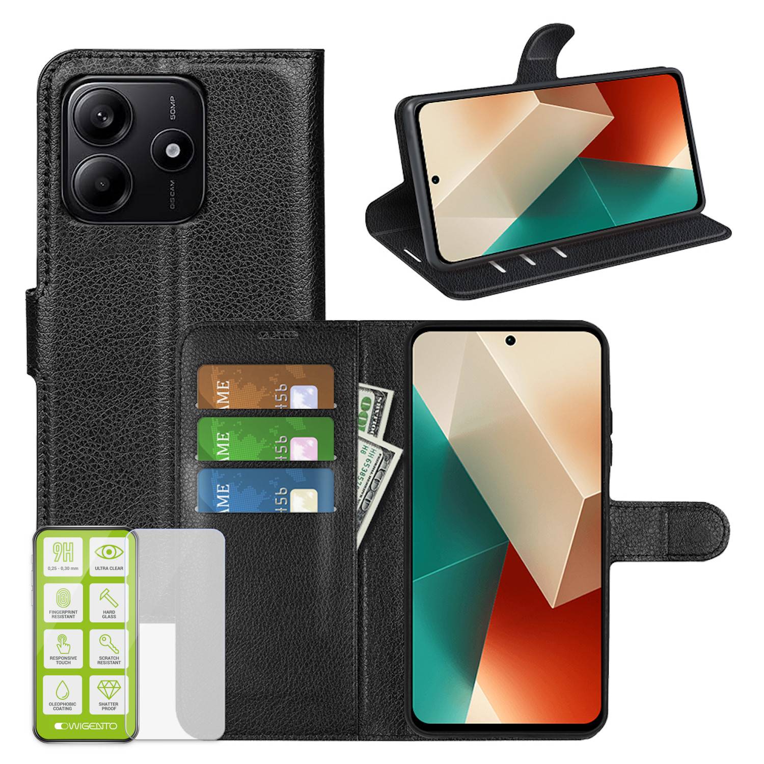 Für Xiaomi Redmi Note 14 5G Kunstleder Book Wallet Case Tasche Schwarz + H9 Hart Glas
