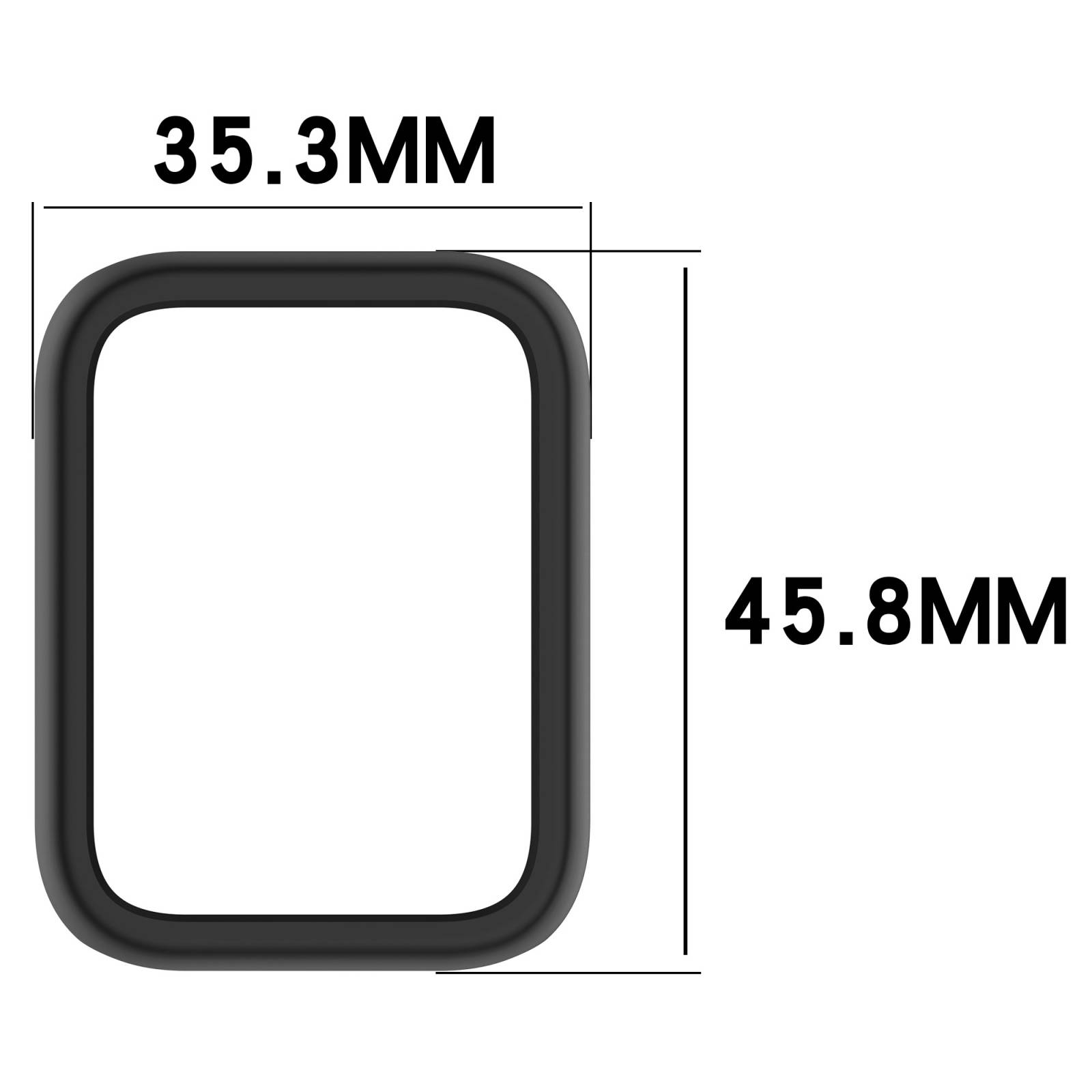 Abgerundeter schwarzer rechteckiger Ring, dargestellt mit den Abmessungen 35,3 mm breit und 45,8 mm hoch.