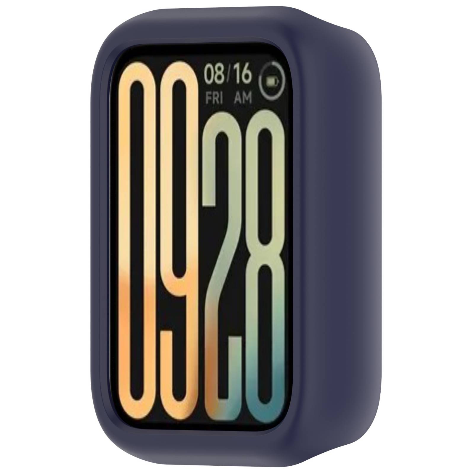 Violettes Smartwatch-Gehäuse mit schwarzem Zifferblatt, das die Uhrzeit 09:28 und das Datum 08/16 FR VM anzeigt.