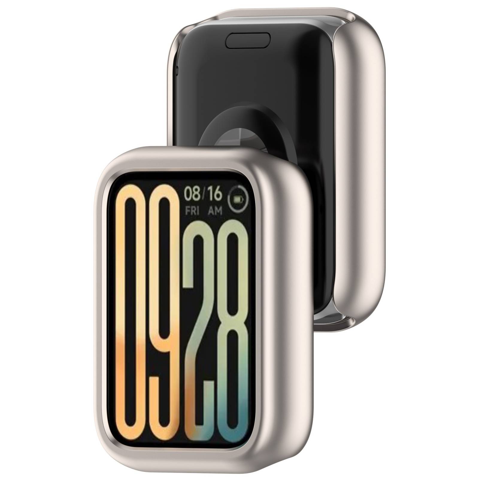 Zwei Ansichten einer silbernen Smartwatch, die vorne mit einem farbenfrohen 