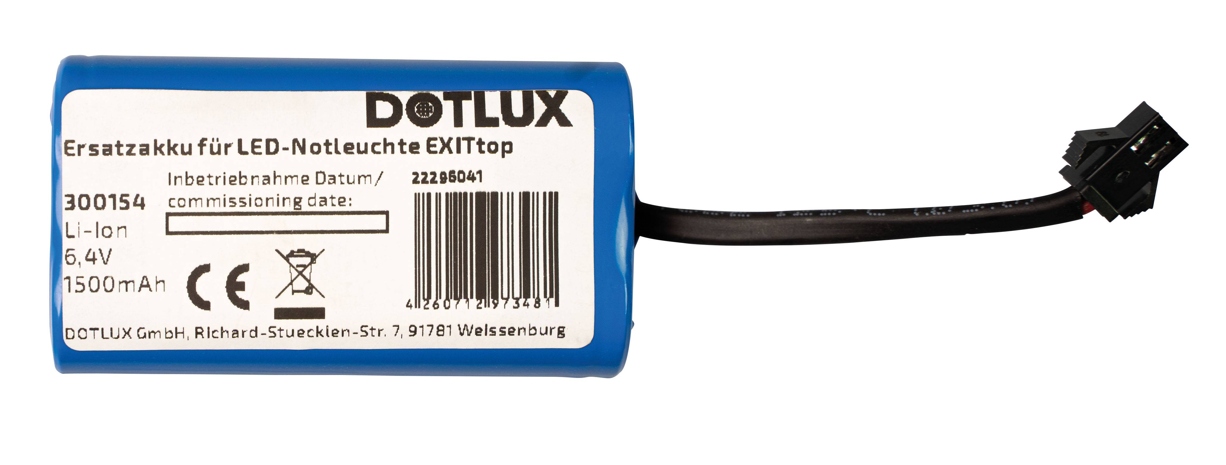 Eine blaue zylindrische Batterie mit einem schwarzen Kabel. Die Beschriftung lautet 'DOTLUX EXITtop'. Ein Barcode und Textdetails sind ebenfalls sichtbar.
