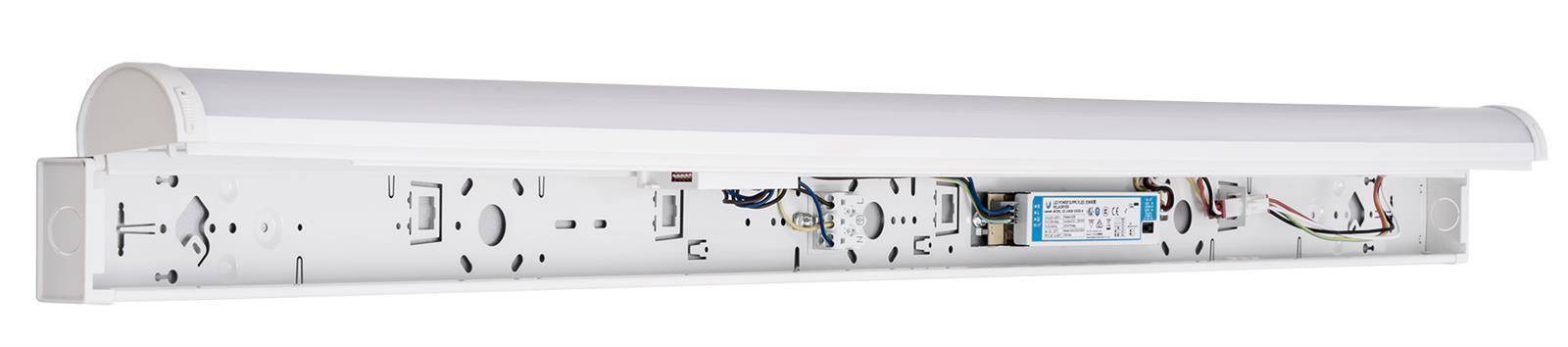 Eine Nahaufnahme des Inneren einer weißen Leuchtstofflampe, die die Kabel, Befestigungslöcher und Anschlusspunkte zeigt.