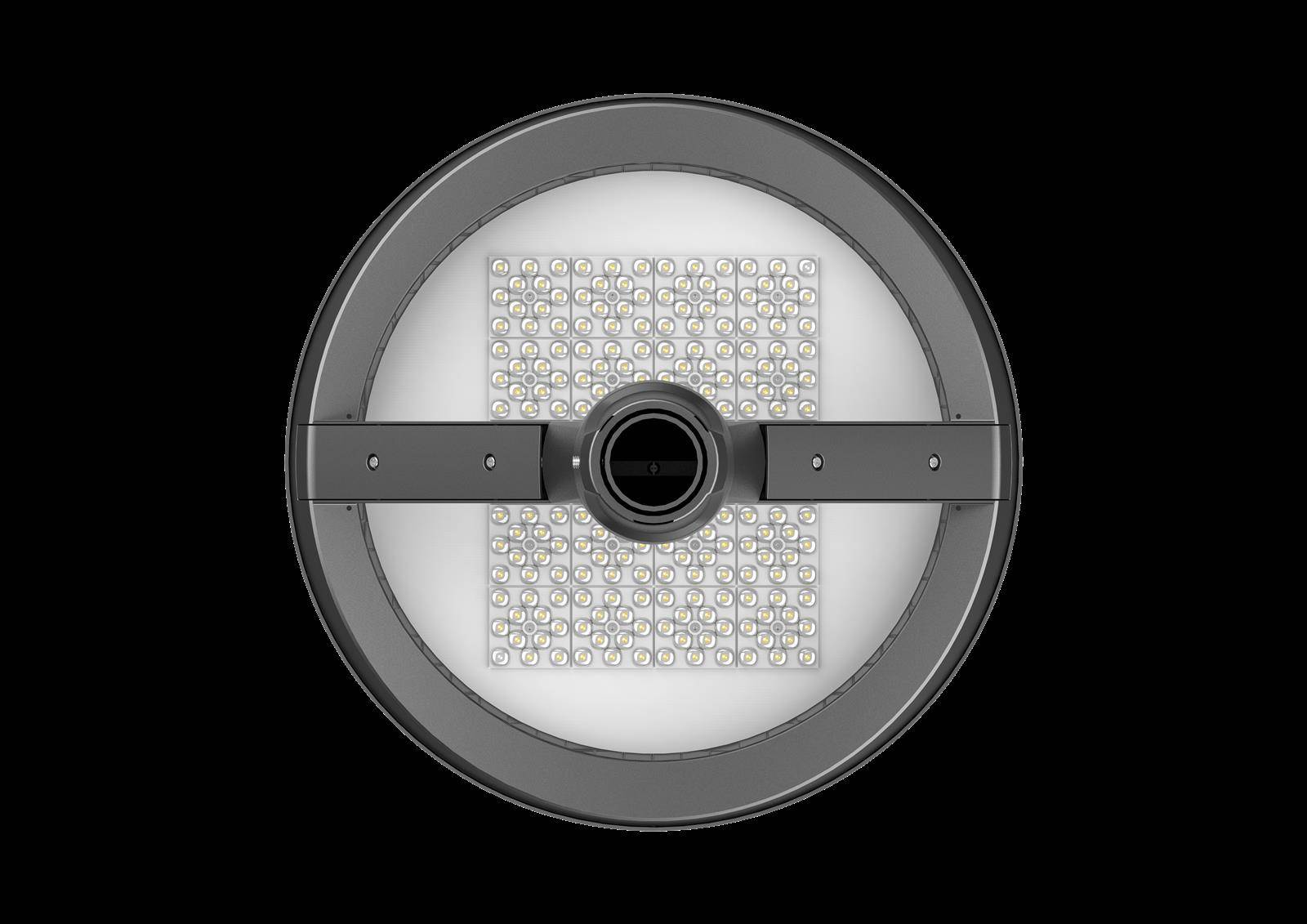 Eine kreisförmige LED-Leuchte mit einem Raster aus kleinen Lichtern, einer zentrierten Kameraobjektivöffnung und einem dunklen äußeren Rand vor schwarzem Hintergrund.