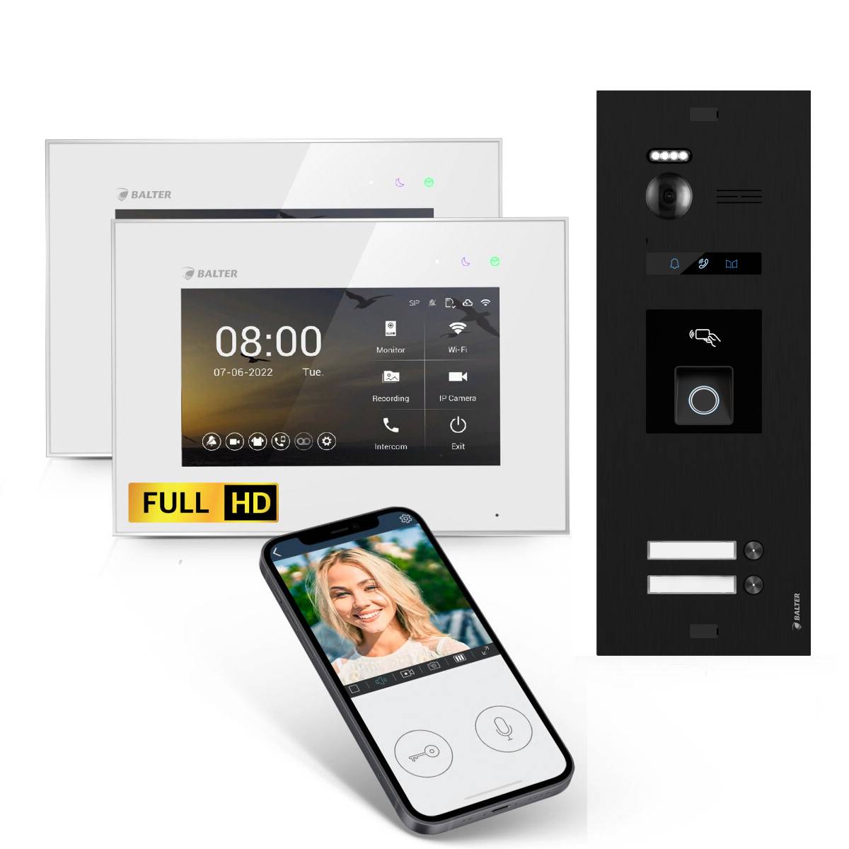 BALTER EVO-HD Video Türsprechanlage Fingerprint 2-Draht Komplett-Set 2-Familie WLAN Monitore Schwarz - Weiß