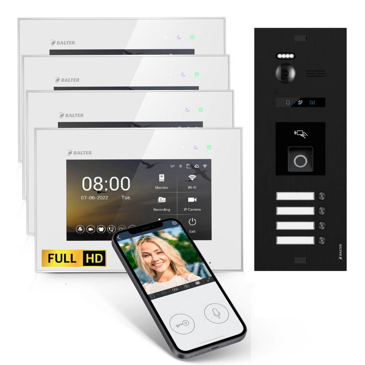 BALTER EVO-HD Video Türsprechanlage Fingerprint 2-Draht Komplett-Set 4-Familie WLAN Monitore Schwarz - Weiß