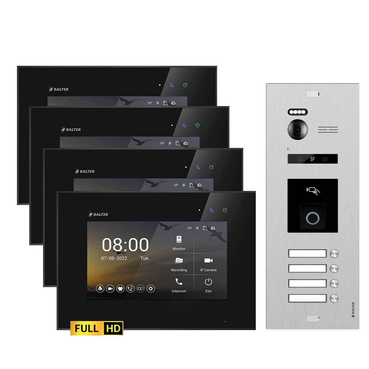 BALTER EVO-HD Video Türsprechanlage Fingerprint 2-Draht Komplett-Set 4-Familie Silber - Schwarz